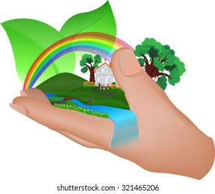Hand holding green fields concept and hold home on landscape in nature leaf