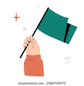 Hand Holding A Green Flag In Flat Vector Illustration Symbolizing Protest, Activism, Leadership, And Political Movement, Isolated On White Background.