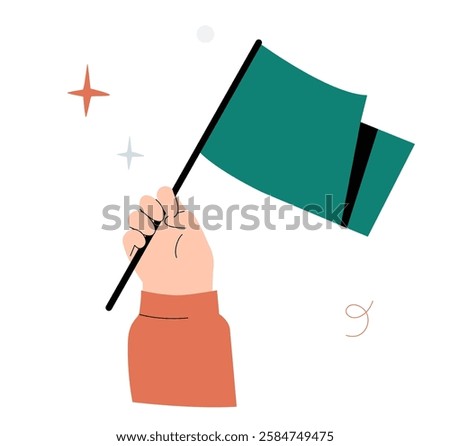 Hand Holding A Green Flag In Flat Vector Illustration Symbolizing Protest, Activism, Leadership, And Political Movement, Isolated On White Background.
