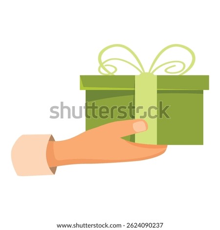 Hand is holding a green gift box with a ribbon, perfect for illustrations about special occasions