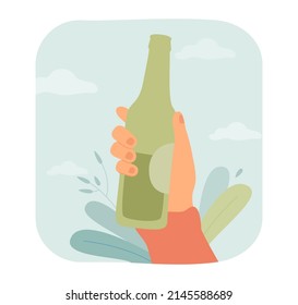 Hand holding green glass bottle. Drinker or drunkard with alcoholic drink flat vector illustration. Alcohol, drinking, addiction concept for banner, website design or landing web page