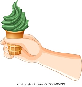 Mão segurando um cone de sorvete verde