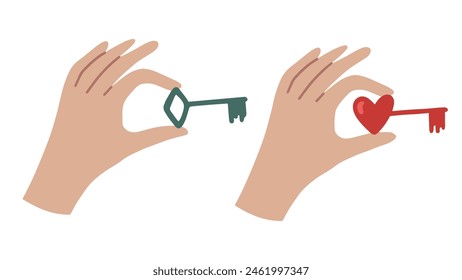 A hand holding a green key and a hand holding a heart-shaped key. Vector illustration meaning a logical solution and illustration about a relationship or Valentine's day