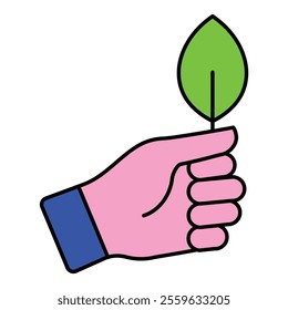 Hand Holding Green Leaf Flat Icon Isolated On White Background