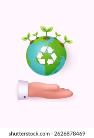 Hand holding green leafs and globe. Eco icon. Safe planet concept. 3D Web Vector Illustrations.