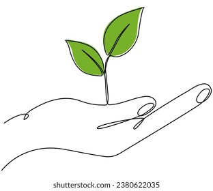 Dibujo continuo de líneas de mano sosteniendo hojas verdes. Rama de planta en brazo humano. Ilustración vectorial aislada en blanco.