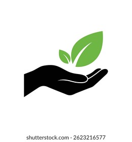 Hand Holding Green Leaves Ecology And Environment Concept Illustration In Minimal Style