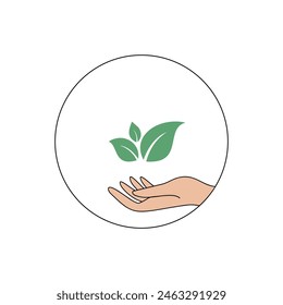 Hand holding green leaves icon symbolizing eco-friendliness in a circle