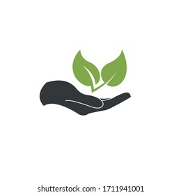 Hand holding green leaves. Symbol of ecology. Simple vector illustration.