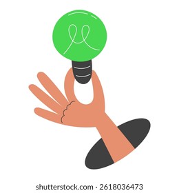 Hand holding a green light bulb as a symbol of clean, renewable and sustainable energy. Eco-friendly solution and environmental care. Flat vector illustration on white background