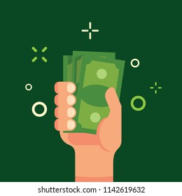 Hand holding green money flat vector illustration. Bundle of money in male hand. Income, finance, profit, salary concept. Green bank notes vector art