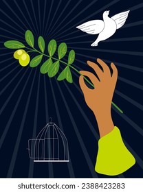a hand holding a green olive branch and a flying white dove on a dark blue background. a hand-drawn drawing. color poster. bright collage.