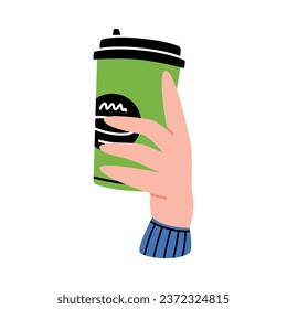 Hand Holding Green Paper Coffee Cup with Aromatic Drink Vector Illustration