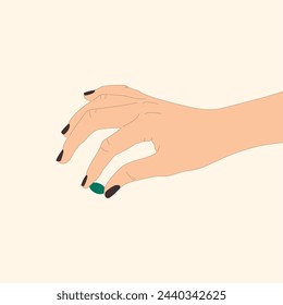 Hand holding green pill. One capsule in a female hand with manicure flat vector concept.