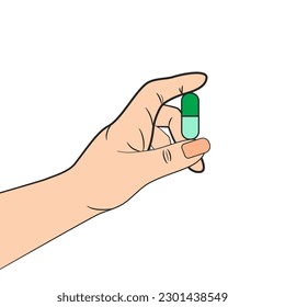 Hand, die eine grüne Pille hält, Vektorgrafik. EPS10.