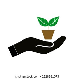 Hand holding green plant icon.