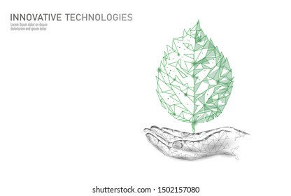 Hand holding green plant leaf ecological abstract concept. Save planet nature environment banner. Eco polygon triangles low poly vector illustration