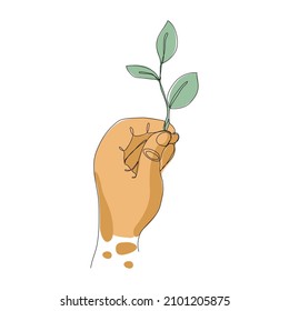 Hand holding a green plant. One single line drawing isolated on white background. Hand-drawn design vector illustration for posters, wall art, tote bag, mobile case, t-shirt. Logo design. Ecology