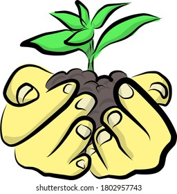 hand holding green plant vector illustration sketch doodle hand drawn with black lines isolated on white background. Environmental conservation concept.