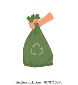 Hand holding green plastic trash bag, garbage recycling and utilization vector Illustration on a white background