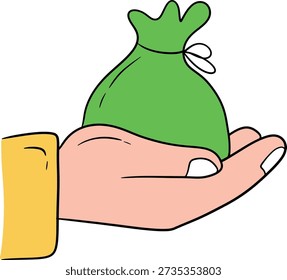 Hand holding a green pouch with a drawstring, symbolizing charity or donation during a religious event or cultural celebration, depicted in a simple illustration style