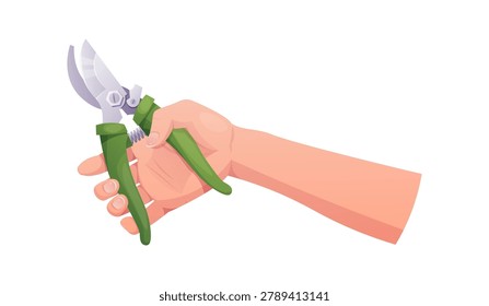 Hand Holding Green Pruning Shears for Gardening. Flat Vector Illustration of Secateurs Tool on White Background. Perfect for Agricultural Guide, Plant Care Tutorial or Landscaping Material.