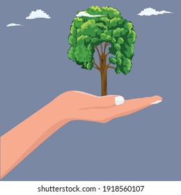 Hand holding green small tree. Ecology and nature concept. Flat and solid color vector illustration.