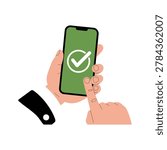 Hand holding green smartphone with white checkmark on screen green screen hand holding phone finger touching screen