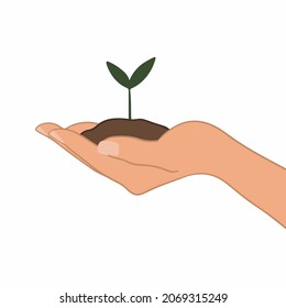 A Hand Holding Green Sprout and Soil Symbol on White Background. Save Earth Flat Vector Illustration. Earth Day Eco Friendly Design Concept.