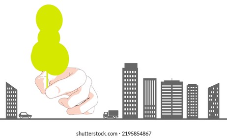 Hand holding green tree. Global warming concept. City panoramic view