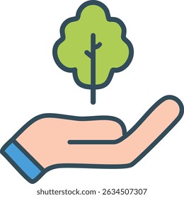 Hand holding a green tree icon representing nature care, sustainability, and Earth protection for World Environment Day illustrations