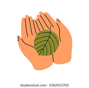 Hand holding green tree leaf. Fresh plant on palms. Eco environment care, ecology, nature protection, sustainability concept. Flat graphic vector illustration isolated on white background.