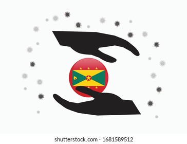 Hand holding Grenada flag in cycle symbol, Protect Grenadian people from coronavirus or COVID-19 concept, Save Grenada, sign symbol background, vector illustration.