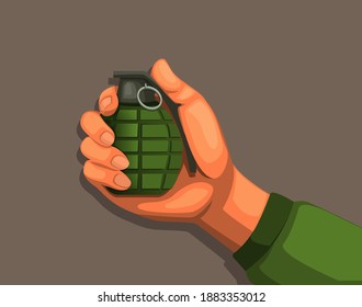 Hand, die Granate hält. Symbol für Waffen-Sprengwaffenausrüstung in Cartoon-Vektorgrafik