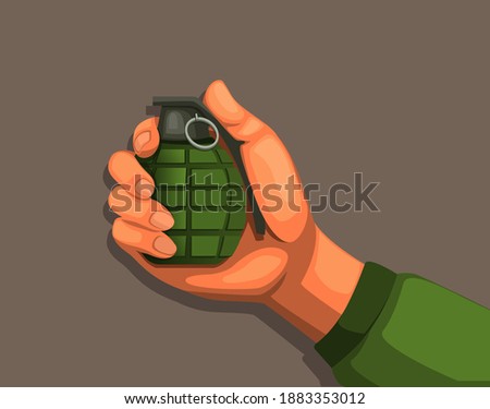 Hand holding grenade. army explosion weapon equipment symbol concept in cartoon illustration vector