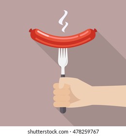 Hand holding grilled sausage on the fork. Vector illustration