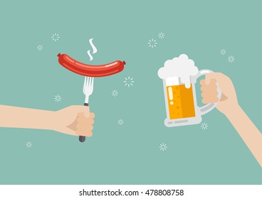 Hand holding grilled sausage on the fork and hand with glass of beer. vector illustration