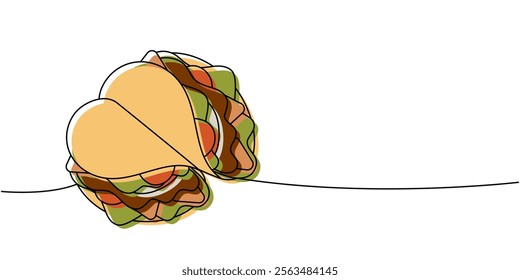 Hand holding grilled taco one line colored continuous drawing. Traditional Mexican street fast food. Vector linear illustration.