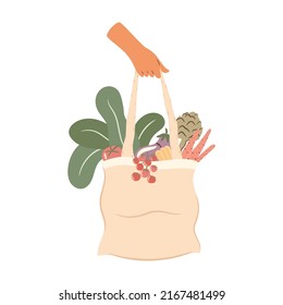 Hand holding grocery bag with vegetables and salad leaves. Plastic-free concept illustration