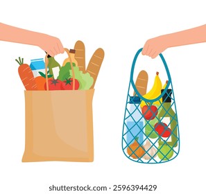 Hand holding grocery shopping paper bag with foods and drinks products