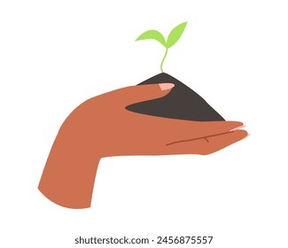 Hand holding ground with plant. Soil in human hands with sprout cartoon vector illustration