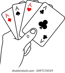 Hand holding group of playing cards. Fan-shaped playing cards. Black and white drawing of some cards. Cartoon style. Outlines. Illustration. Line art.