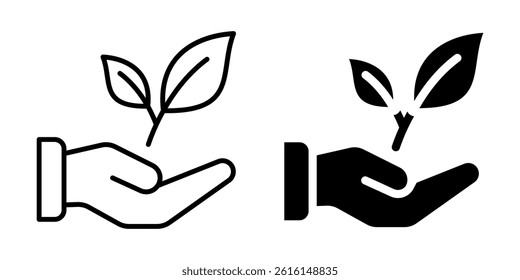 Hand holding growing plant eco icon. Silhouette and line style.