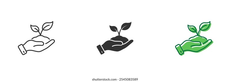 Hand Holding Growing Plant Line and Silhouette Icon Set. Cultivation Greenery Ecology Plant Pictogram. Germinating Eco-Agriculture Symbol. Editable Stroke. Isolated Vector Illustration.