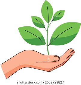 Mão Segurando Planta Crescente, Cena Natureza, Conceito Ecológico, Ilustração, Ambiente Verde, Close-Up View, Sustentabilidade