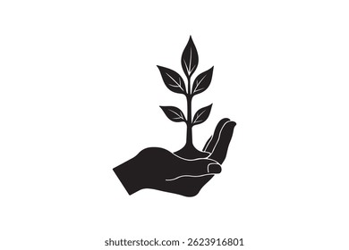 Hand Holding Growing Plant Silhouette - Eco Friendly Plant in Hand