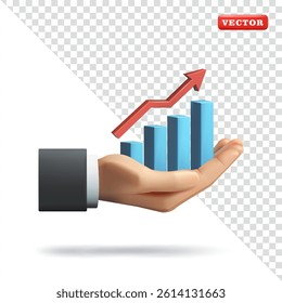 Hand holding growth chart, 3d vector. Suitable for business