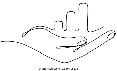 Hand holding growth graph continuous line drawing. Vector illustration isolated on white.