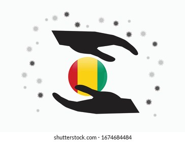 Hand holding guinea flag in cycle symbol, Protect  Guinean people from coronavirus or COVID-19 concept, Save Guinea, sign symbol background, vector illustration. 