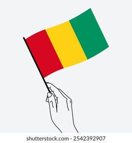 Mano que sostiene la bandera de Guinea en estilo de dibujo de arte de línea. Bandera de mano de Guinea ondeando. Ilustración vectorial